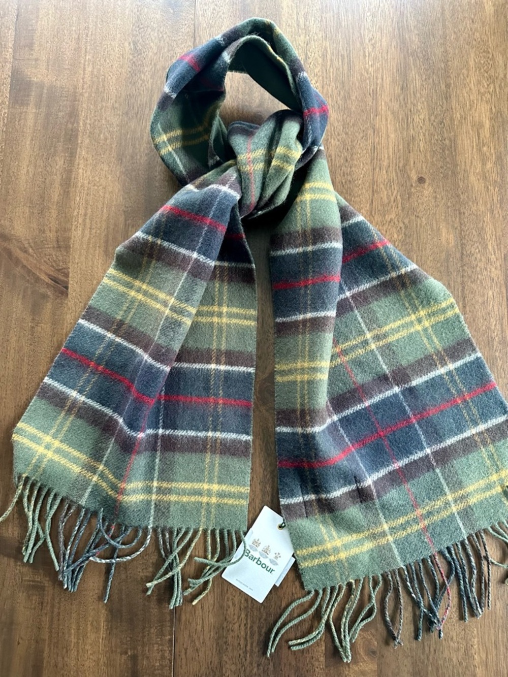 NWT! Barbour Classic Green Tartan Wool Blend Scarf with Red and Yellow Accents